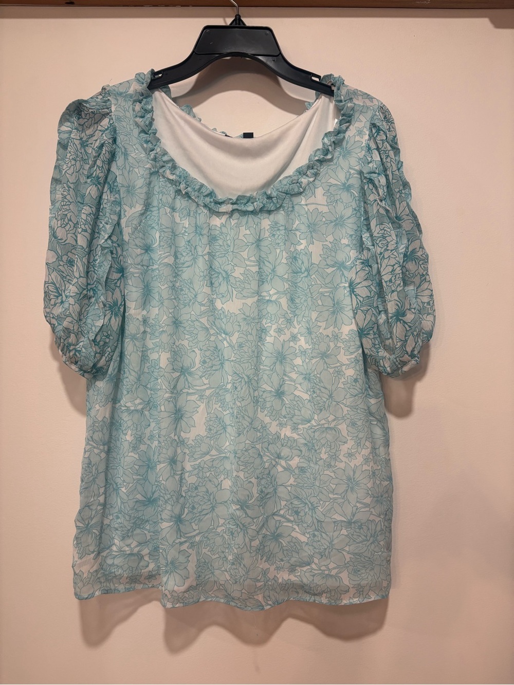 Studio by JPR Mint Blue Floral Sheer Puff Sleeve Blouse